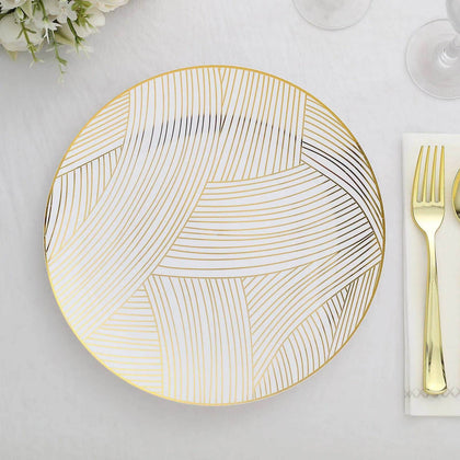 10-Pack Plastic Round Dinner Plates 10" White with Gold Wave Brush Strokes Pattern - Disposable Party Plates for Modern & Sophisticated Tablescape
