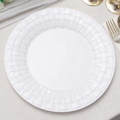 10-Pack Plastic Dinner Plates 10" White Basketweave Rim - Premium Disposable Party Plates