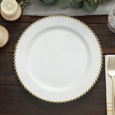 10-Pack Plastic Round Dinner Plates 10" White with Gold Beaded Rim - Disposable Party Plates for Stylish Gatherings & Celebrations