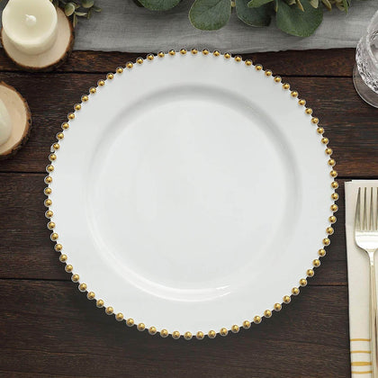 10-Pack Plastic Round Dinner Plates 10" White with Gold Beaded Rim - Disposable Party Plates for Stylish Gatherings & Celebrations