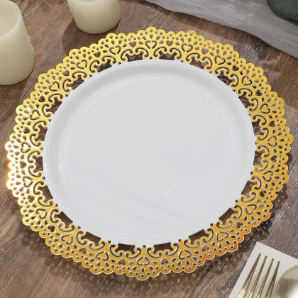 10-Pack Plastic Round Dinner Plates 10" White with Gold Lace Rim - Disposable Party Plates for Sophisticated Events & Celebrations