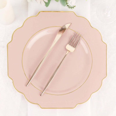 10 Pack Blush Hard Plastic Dinner Plates, Disposable Tableware, Baroque Heavy Duty Plates with Gold Rim 11"
