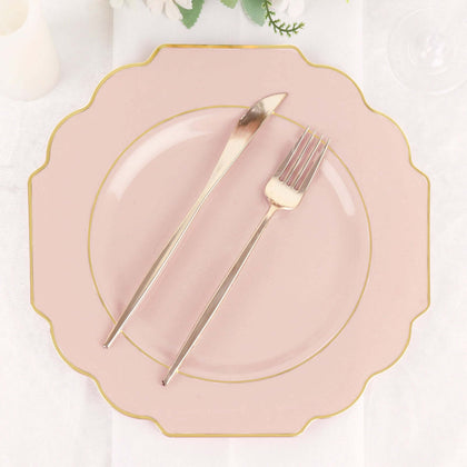 10 Pack Blush Hard Plastic Dinner Plates, Disposable Tableware, Baroque Heavy Duty Plates with Gold Rim 11"