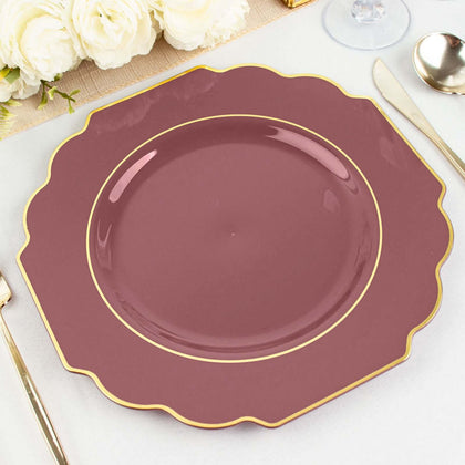 10 Pack Cinnamon Rose Hard Plastic Baroque Dinner Plates with Gold Rim, Heavy Duty Disposable Dinnerware 11"