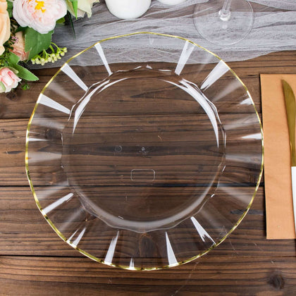 10-Pack Plastic Round Dinner Plates 11" Clear Ruffled Rim with Gold Edging - Heavy Duty Disposable Dinnerware