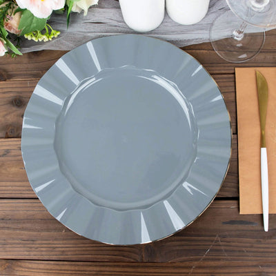 10-Pack Plastic Round Dinner Plates 11" Dusty Blue Ruffled Rim with Gold Edging - Heavy Duty Disposable Dinnerware