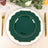 Elegant green plate with gold trim on decorative charger, set against a soft table setting.