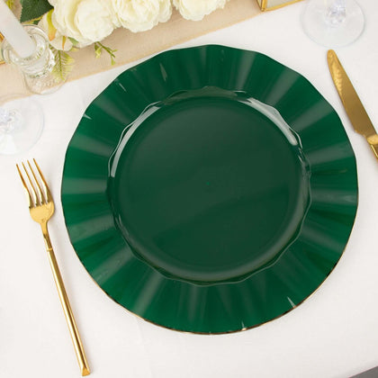 10-Pack Plastic Round Dinner Plates 11" Hunter Emerald Green Ruffled Rim with Gold Edging - Heavy Duty Disposable Dinnerware
