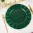 Green scalloped dinner plate with gold trim on a white table setting.