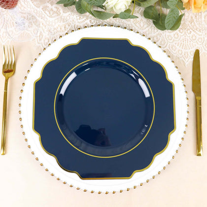 10 Pack Navy Blue Hard Plastic Dinner Plates, Disposable Tableware, Baroque Heavy Duty Plates with Gold Rim 11"