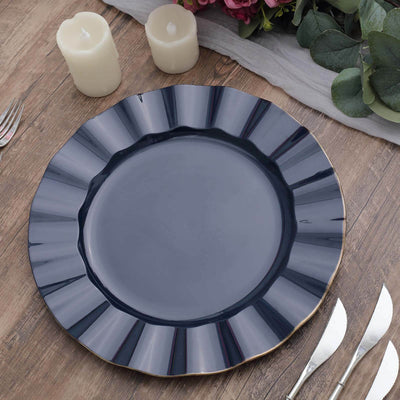 10-Pack Plastic Round Dinner Plates 11" Navy Blue Ruffled Rim with Gold Edging - Heavy Duty Disposable Dinnerware
