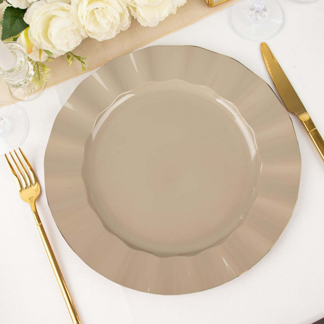 Elegant taupe dinner plate with scalloped edge and gold trim.