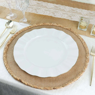 10-Pack Plastic Round Dinner Plates 11" White Ruffled Rim with Gold Edging - Heavy Duty Disposable Dinnerware for Upscale Buffets & Catered Events