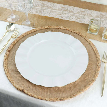 10-Pack Plastic Round Dinner Plates 11" White Ruffled Rim with Gold Edging - Heavy Duty Disposable Dinnerware for Upscale Buffets & Catered Events