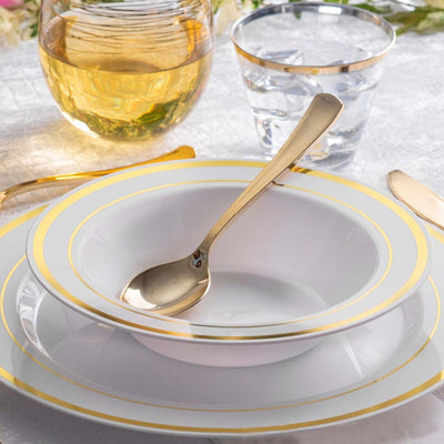 10-Pack Plastic Soup Bowls 12oz White with Gold Rim - Disposable Round Bowls for Events