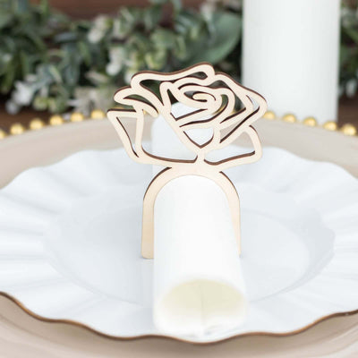 10 Pack Natural Wood Laser Cut Rose Design Boho Napkin Rings, Rustic Farmhouse Napkin Holders 4"