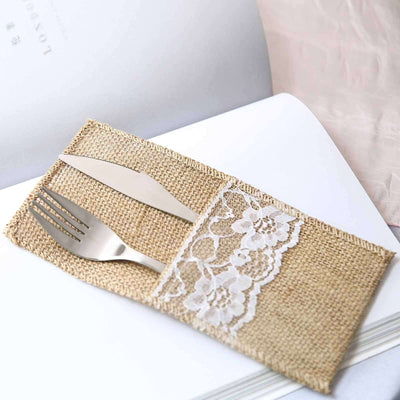 10 Pack Natural Burlap/Lace Single Set Silverware Holder Pouch 4"x8"