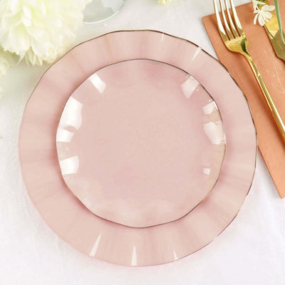 10-Pack Plastic Round Dessert Plates 6" Blush Ruffled Rim with Gold Edging - Heavy Duty Disposable Salad Appetizer Dinnerware