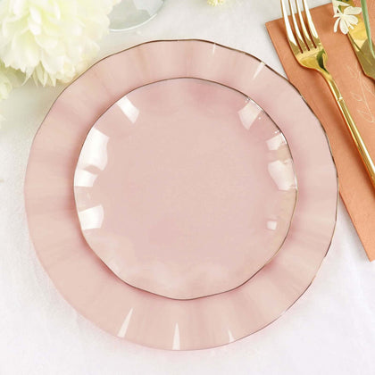 10-Pack Plastic Round Dessert Plates 6" Blush Ruffled Rim with Gold Edging - Heavy Duty Disposable Salad Appetizer Dinnerware