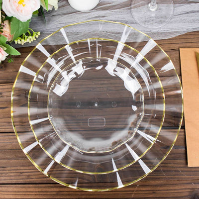 10-Pack Plastic Round Dessert Plates 6" Clear Ruffled Rim with Gold Edging - Heavy Duty Disposable Salad Appetizer Dinnerware