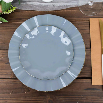 10-Pack Plastic Round Dessert Plates 6" Dusty Blue Ruffled Rim with Gold Edging - Heavy Duty Disposable Salad Appetizer Dinnerware