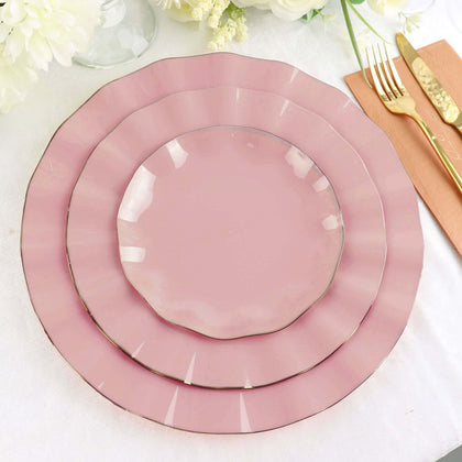 10-Pack Plastic Round Dessert Plates 6" Dusty Rose Ruffled Rim with Gold Edging - Heavy Duty Disposable Salad Appetizer Dinnerware