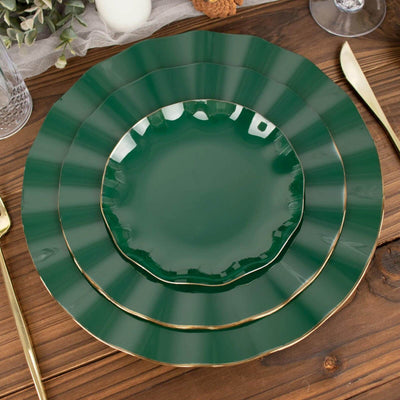 10-Pack Plastic Round Dessert Plates 6" Hunter Emerald Green Ruffled Rim with Gold Edging - Heavy Duty Disposable Salad Appetizer Dinnerware