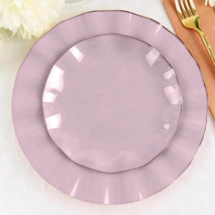 10-Pack Plastic Round Dessert Plates 6" Lavender Lilac Ruffled Rim with Gold Edging - Heavy Duty Disposable Salad Appetizer Dinnerware