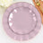 Pink scalloped plates with gold trim on a white background.