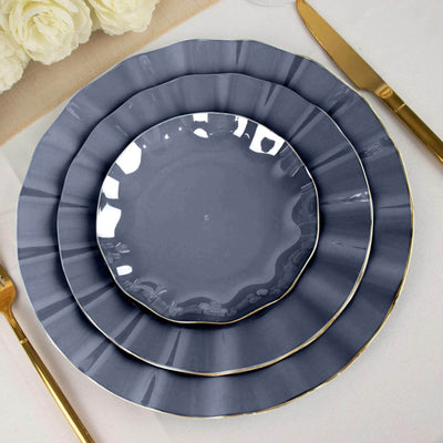 10-Pack Plastic Round Dessert Plates 6" Navy Blue Ruffled Rim with Gold Edging - Heavy Duty Disposable Salad Appetizer Dinnerware