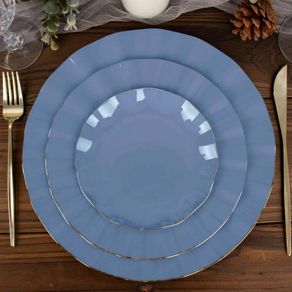 10-Pack Plastic Round Dessert Plates 6" Ocean Blue Ruffled Rim with Gold Edging - Heavy Duty Disposable Salad Appetizer Dinnerware