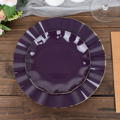 10-Pack Plastic Round Dessert Plates 6" Purple Ruffled Rim with Gold Edging - Heavy Duty Disposable Salad Appetizer Dinnerware