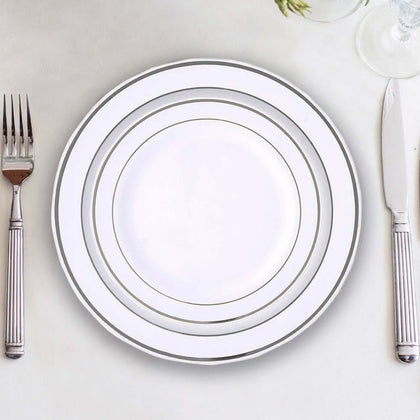 10-Pack Plastic Dessert Plates 6" White with Très Chic Silver Rim - Premium Disposable Salad Plates