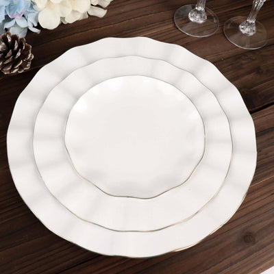 10-Pack Plastic Round Dessert Plates 6" White Ruffled Rim with Gold Edging - Heavy Duty Disposable Salad Appetizer Dinnerware