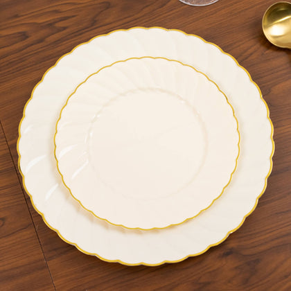 10-Pack Plastic Round Salad Dessert Plates 7.5" Ivory with Gold Flair Rim - Disposable Party Plates for Classy Events & Celebrations