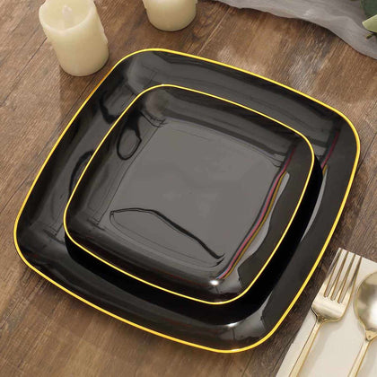 10-Pack Plastic Square Dessert Plates 7" Black with Gold Rim - Sleek Disposable Appetizer Salad Plates