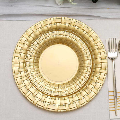 10 Pack Gold Basketweave Rim Plastic Salad Dessert Plates, Round Disposable Appetizer Plates 7"