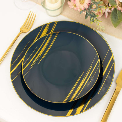 10-Pack Plastic Round Dessert Plates 7" Navy Blue with Gold Brush Stroked Print - Modern Disposable Appetizer Salad Plates
