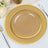 Elegant gold-rimmed dinner plate set on a textured table setting.