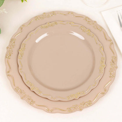 10-Pack Plastic Round Dessert Plates 7" Taupe with Gold Vintage Embossed Rim & Scalloped Edges - Sturdy Disposable Salad Plates