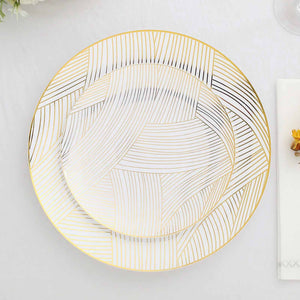 Elegant gold-accented decorative plate with a unique line pattern.