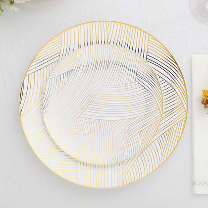 10-Pack Plastic Round Dessert Plates 7" White with Gold Wave Brush Strokes Pattern - Disposable Appetizer Salad Plates for Modern & Sophisticated Tablescape