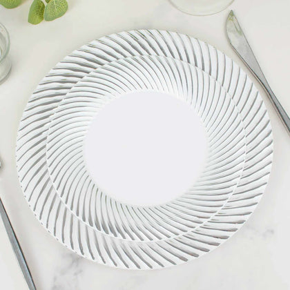 10-Pack Plastic Round Dessert Plates 7" White with Silver Swirl Rim - Disposable Salad Plates