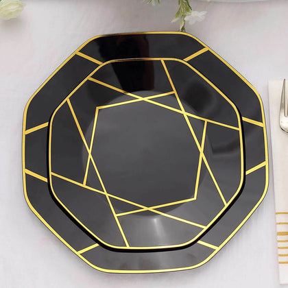 10-Pack Plastic Octagon Dessert Plates 8" Black with Gold Geometric Design - Stylish Disposable Salad/Appetizer Plates