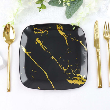 10-Pack Plastic Square Dessert Plates 8" Black with Gold Marble Design - Disposable Appetizer Salad Party Plates