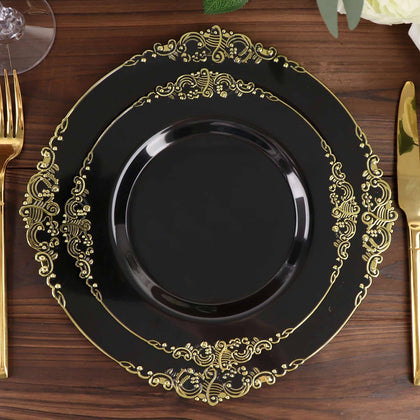 10-Pack Plastic Round Dessert Plates 8" Black with Gold Leaf Embossed Rim - Vintage Baroque Style Disposable Salad Plates for Upscale Dining & Special Events