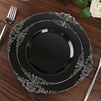 10-Pack Plastic Round Dessert Plates 8" Black with Silver Leaf Embossed Rim - Vintage Baroque Style Disposable Salad Plates