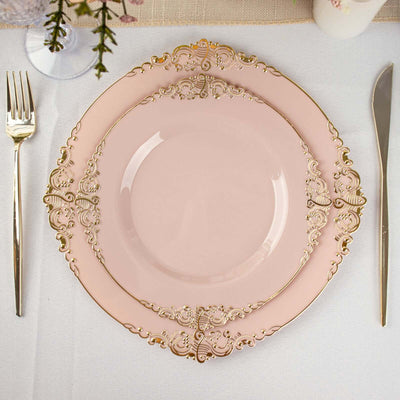 10-Pack Plastic Round Dessert Plates 8" Blush with Gold Leaf Embossed Rim - Vintage Baroque Style Disposable Salad Plates