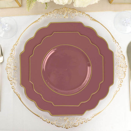 10-Pack Plastic Dessert Appetizer Plates 8" Cinnamon Rose Baroque Design with Scalloped Gold Rim - Heavy Duty Disposable Salad Plates