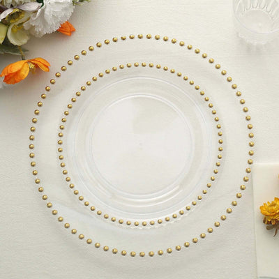 10 Pack Plastic Dessert Appetizer Plates in Clear with Gold Beaded Rim, Disposable Round Salad Party Plates 8"